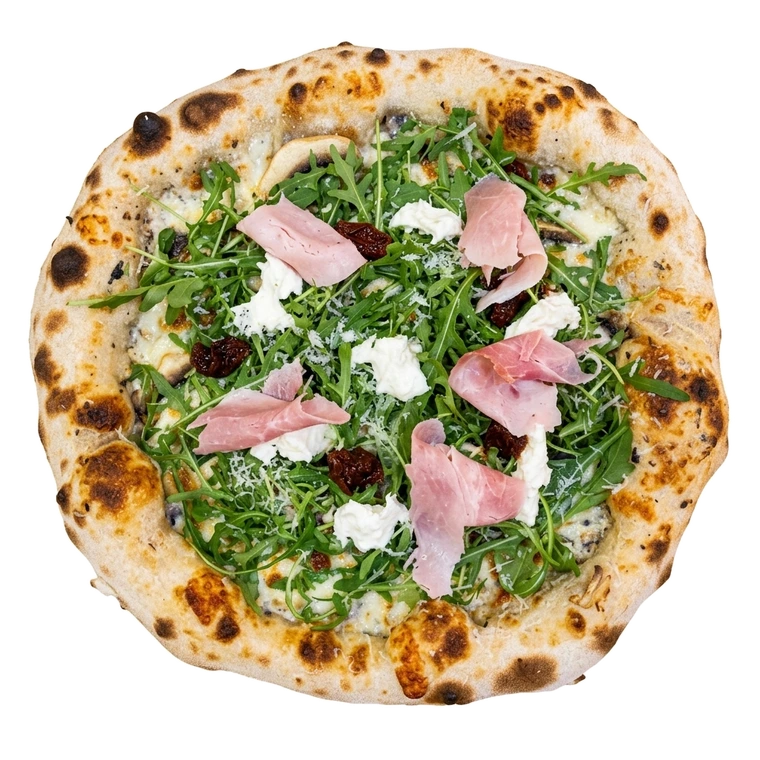 Apikám rukkola és sonka nápolyi pizza felülnézetből